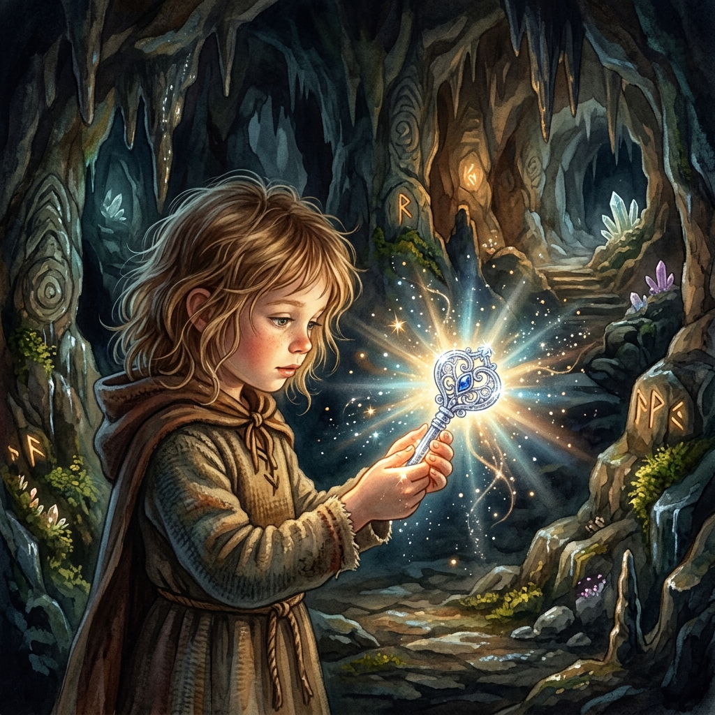 A brave young child with hands cupped around his mouth, shouting courageously. Soundwaves of light ripple out from the child, shaking dark, thorny vines. A smoky shadow-sprite with red eyes looks startled by the sound. Dynamic, energetic art style.