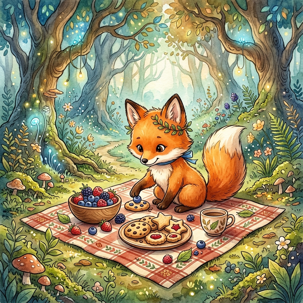 A colorful cartoon magic forest with giant flowers, soft green grass, and a happy toddler holding a small basket of red berries.