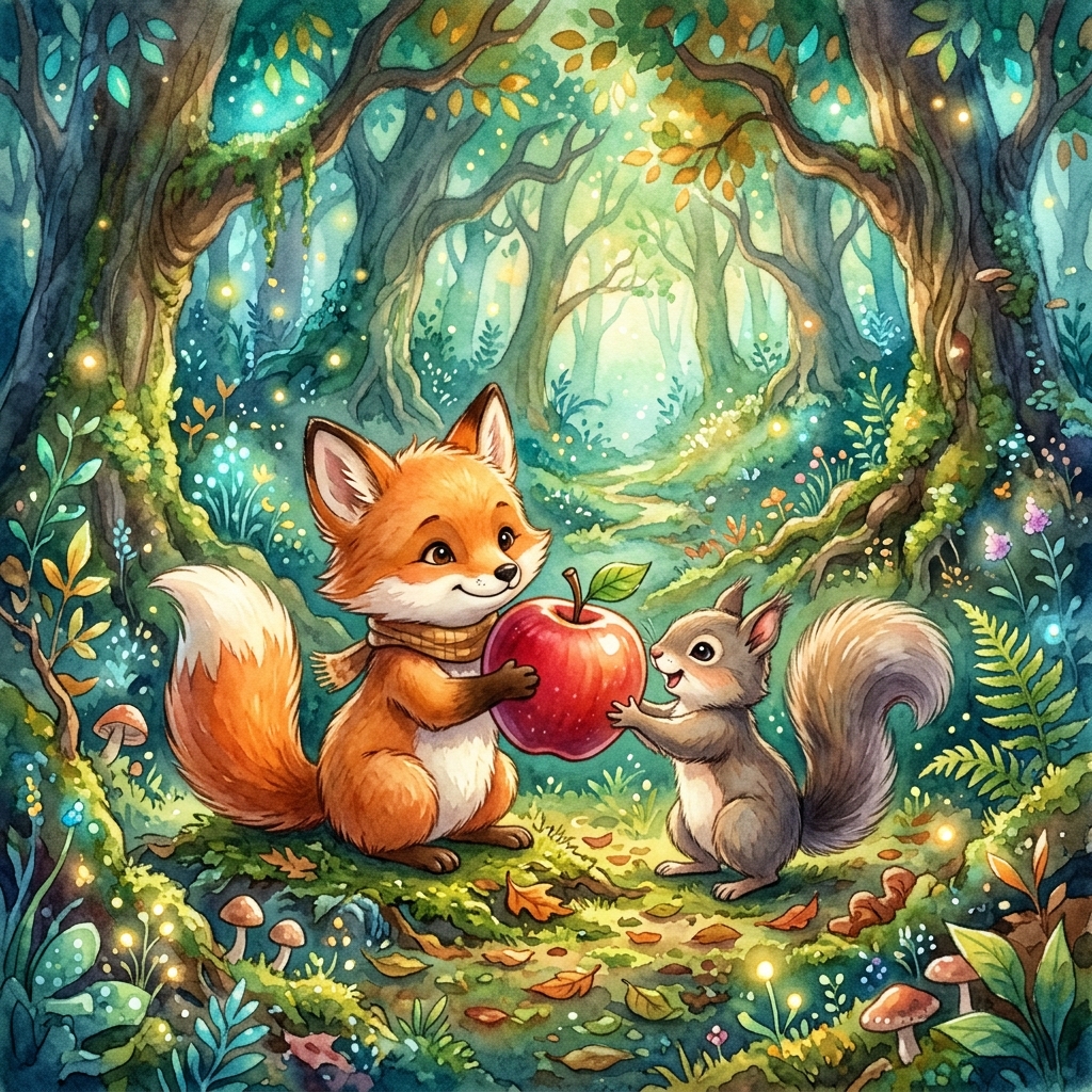 A cute boy with a basket of glowing blue berries standing at the entrance of a magical, colorful forest, meeting a fluffy little brown bunny. Children’s book illustration style, bright colors.
