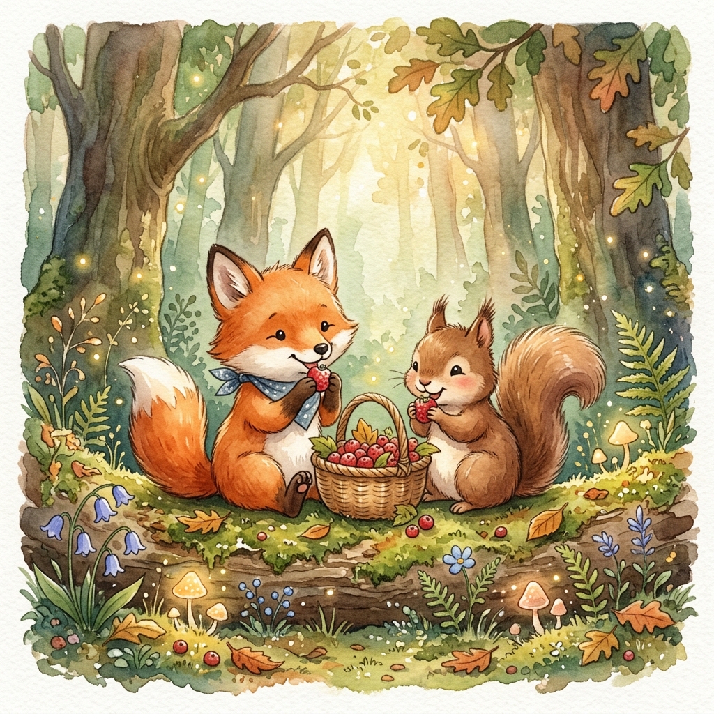 A cute boy singing happily to a cute little brown bunny under a glowing tree in a magical forest. Soft, warm, cozy children’s book style.