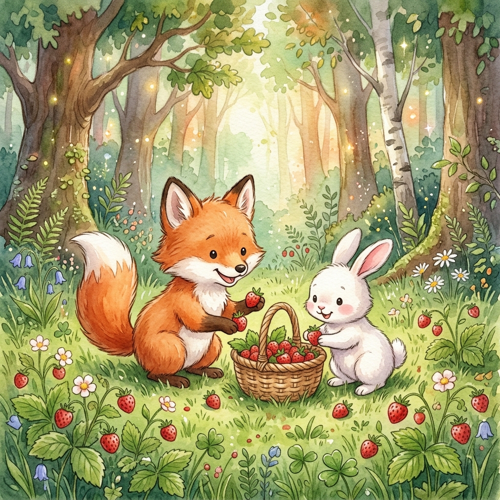 A colorful, whimsical magic forest with giant soft green trees and glowing flowers. A cute little child with a happy face stands near a sad little brown squirrel on a tree branch. Bright, warm lighting, 3D Pixar style, highly detailed.