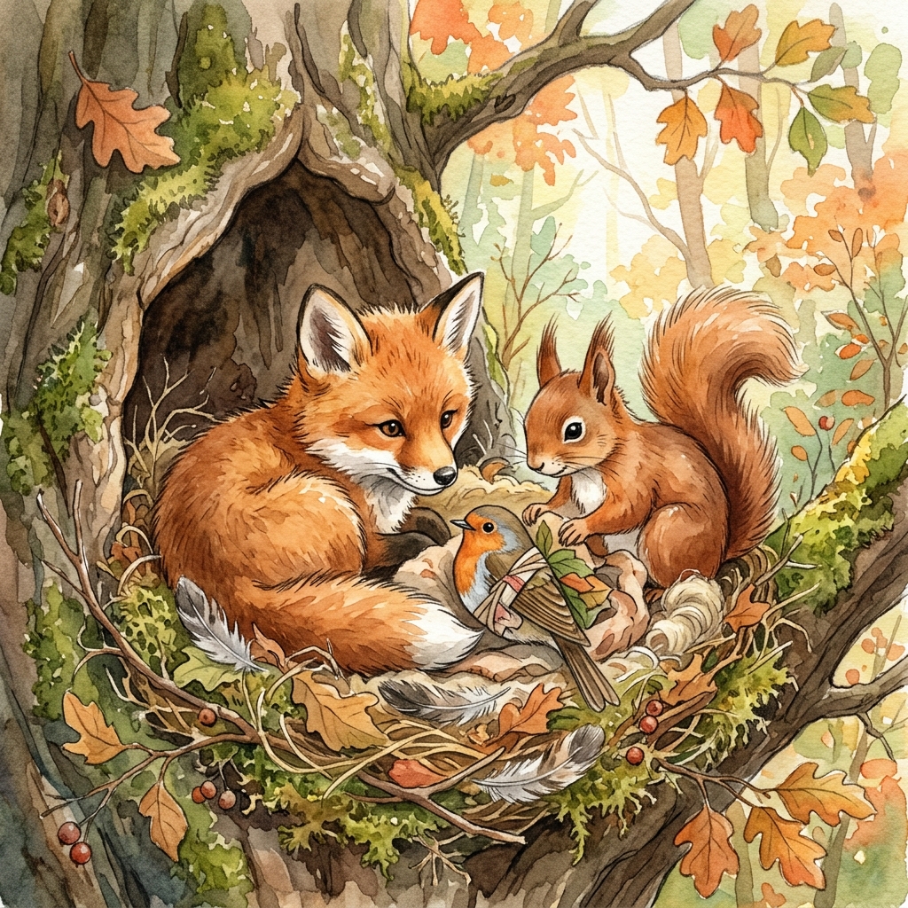 A cute, fluffy brown owl with big warm eyes sitting inside a cozy tree hollow. A happy child is looking inside. Soft, magical glow, whimsical forest setting, 3D Pixar style.