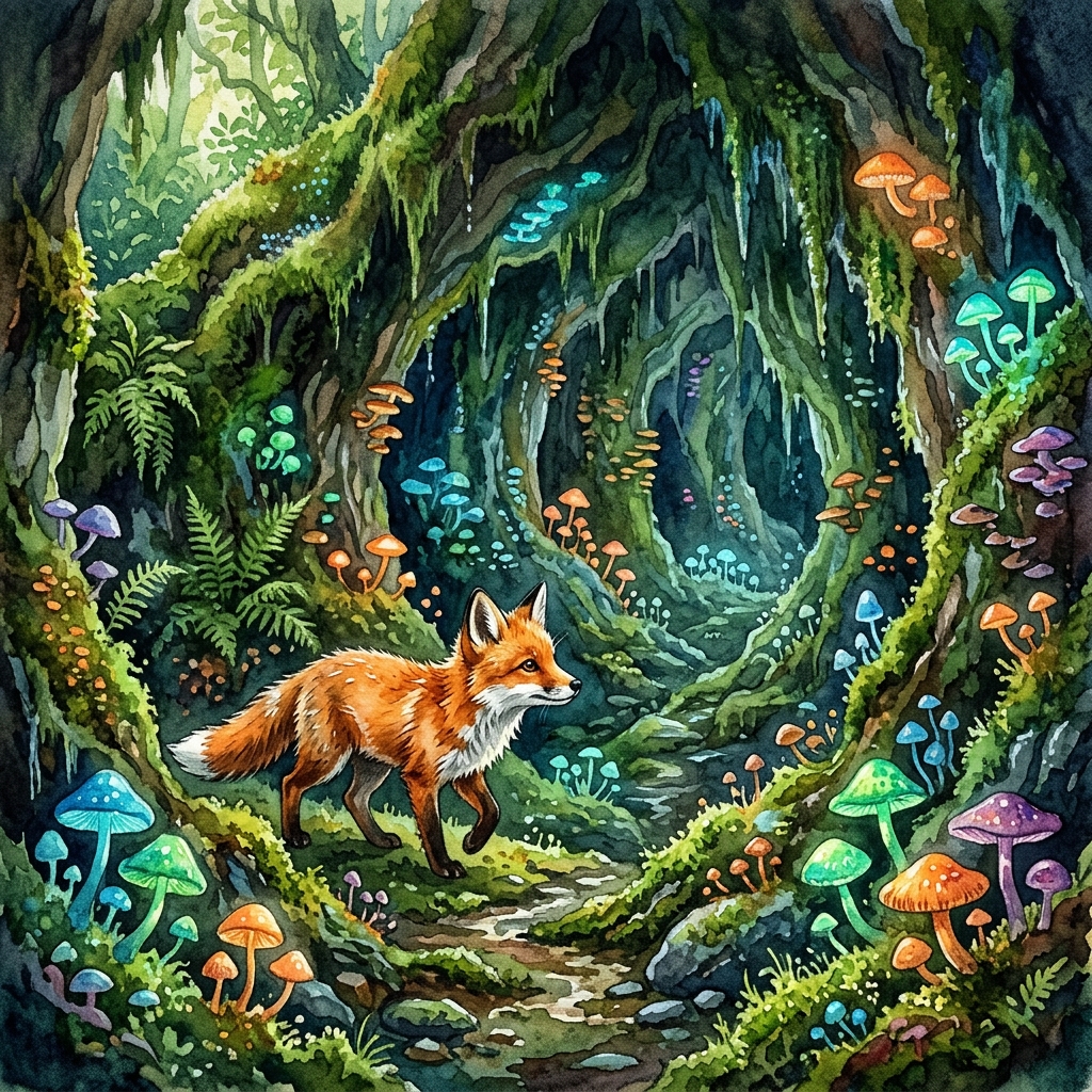 A whimsical magic forest with pink and purple trees, soft green grass, and a cute little blue bear crying behind a bush, in a bright, colorful, child-friendly 3D animation style.