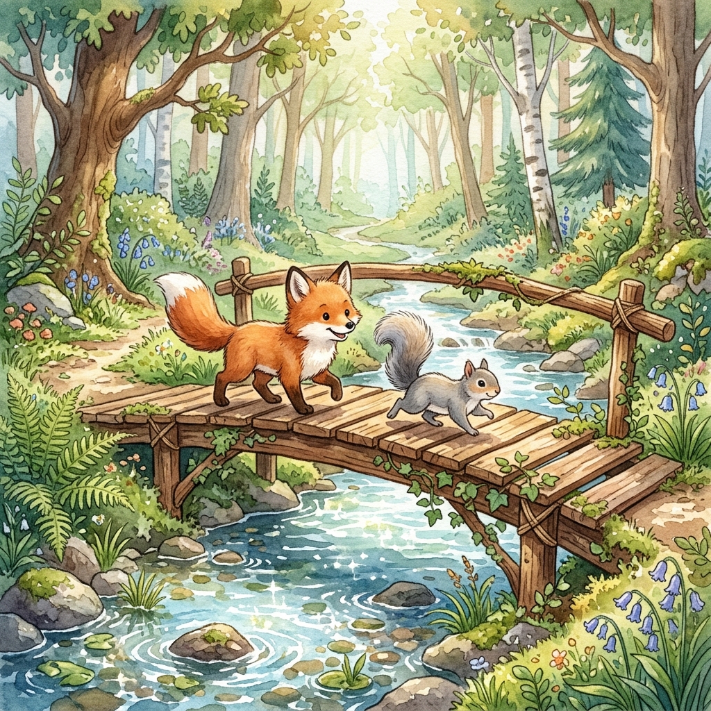 A happy little blue bear eating a giant red strawberry, sitting next to a kind child in a bright, magical forest, cartoon style.