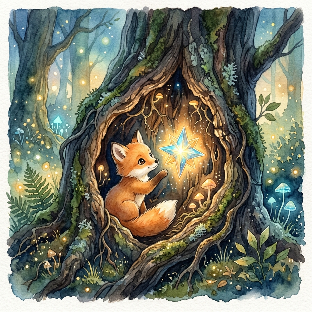 A beautiful, colorful magic forest with glowing mushrooms and tall whispering trees. A young boy with a backpack stands on a mossy path, looking at a tiny, glowing magical squirrel popping out of a tree hole.