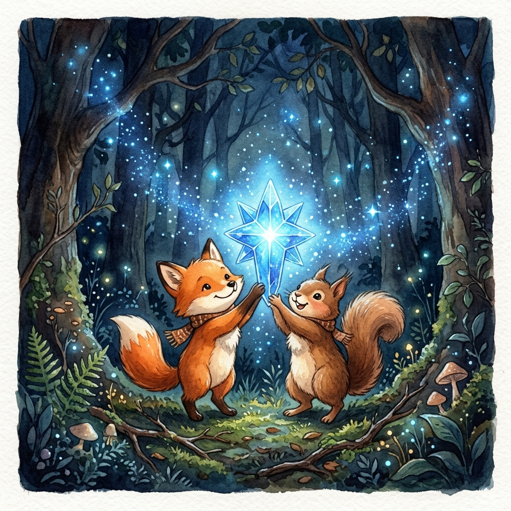A happy child with a tiny glowing squirrel sitting comfortably on his shoulder, walking down a beautiful forest path with glowing flowers.