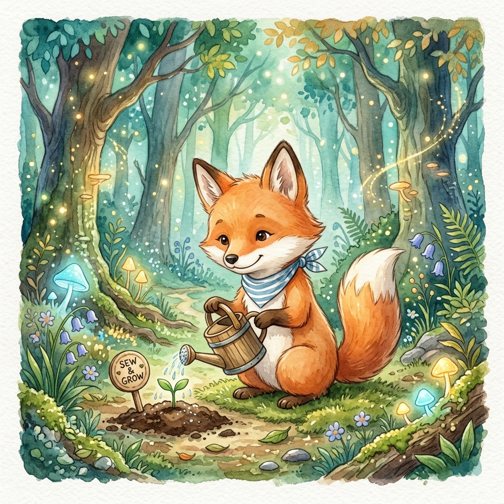 A whimsical magic forest with pastel pink and blue trees. A cute toddler boy with big curious eyes looking at a tiny glowing seed on soft green moss. Children’s book illustration style, soft lighting, friendly atmosphere.