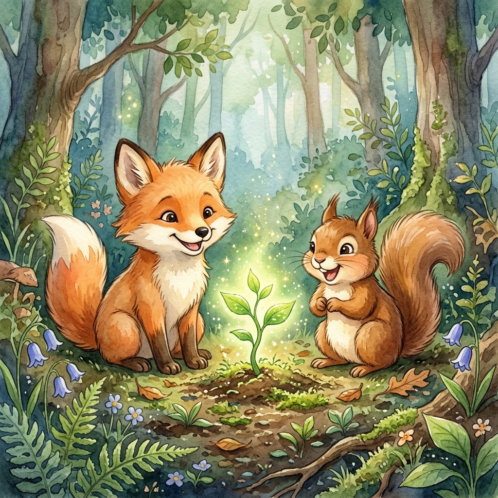 A cute toddler gently patting a soft pocket on their clothes. A small, smiling green frog hopping on the grass nearby. Whimsical magic forest, children’s book illustration.