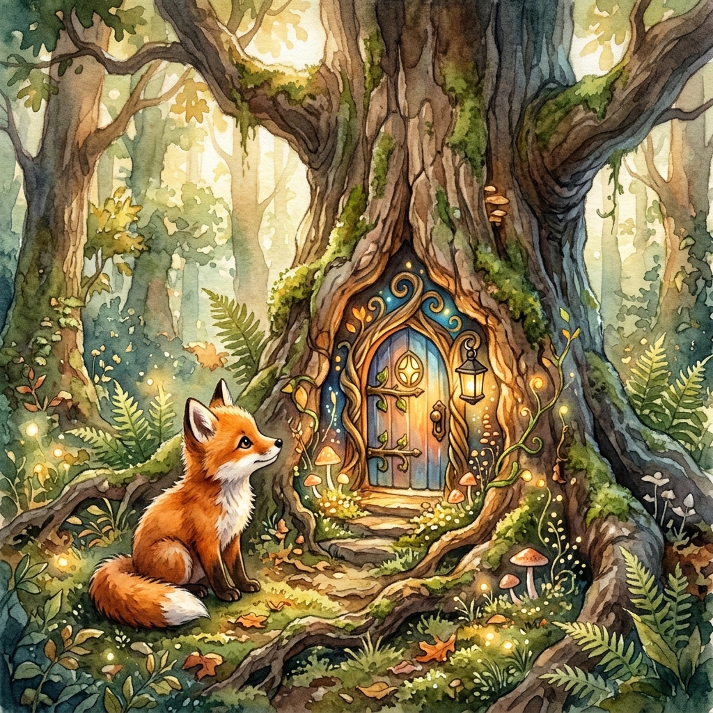 A colorful, whimsical magic forest with glowing mushrooms, tall trees, a little child with a backpack, and a cute, friendly giant snail with a colorful shell smiling at the child.