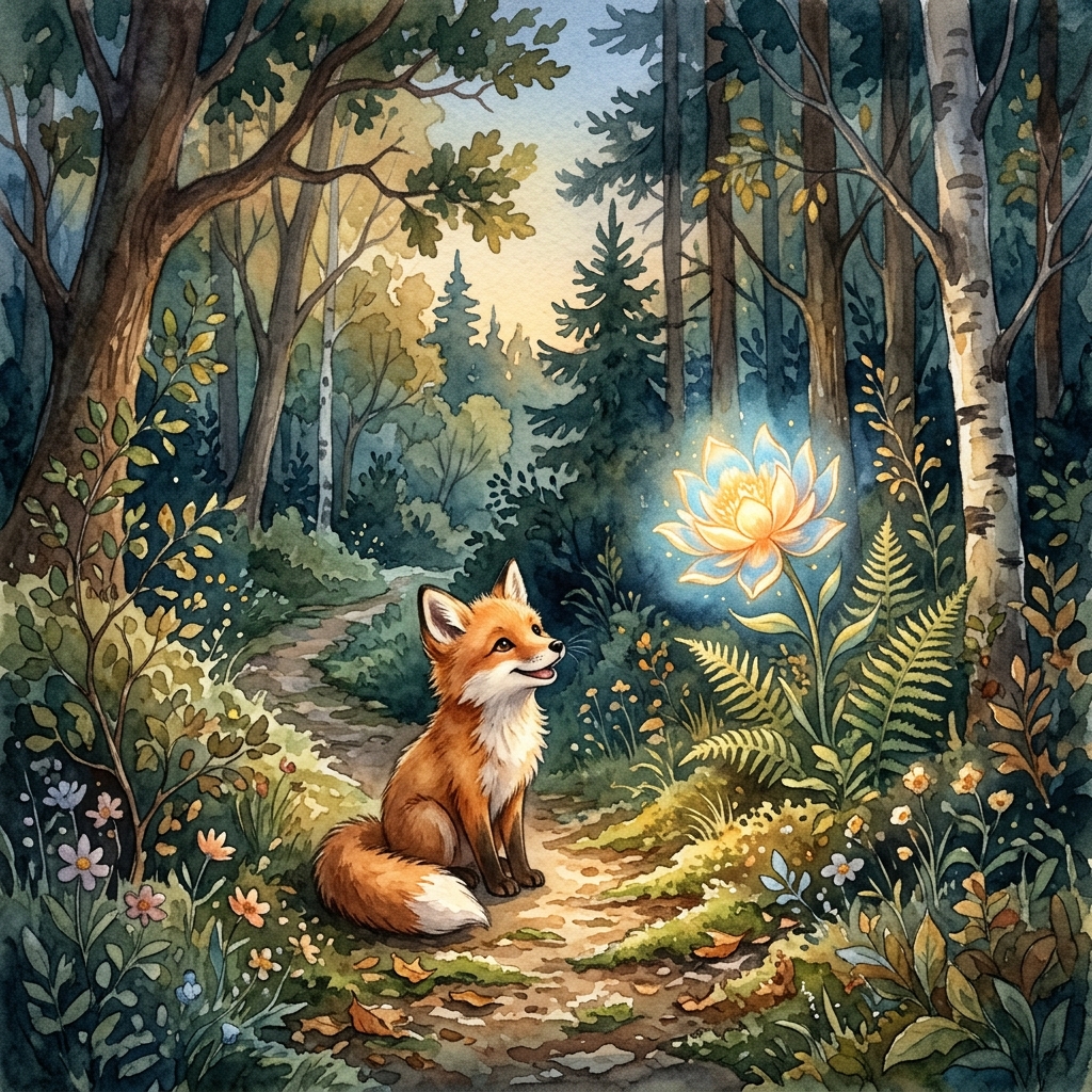 A tired child sitting on a wooden log in a magical forest, looking lost, while a friendly snail slowly approaches with a warm, comforting smile.