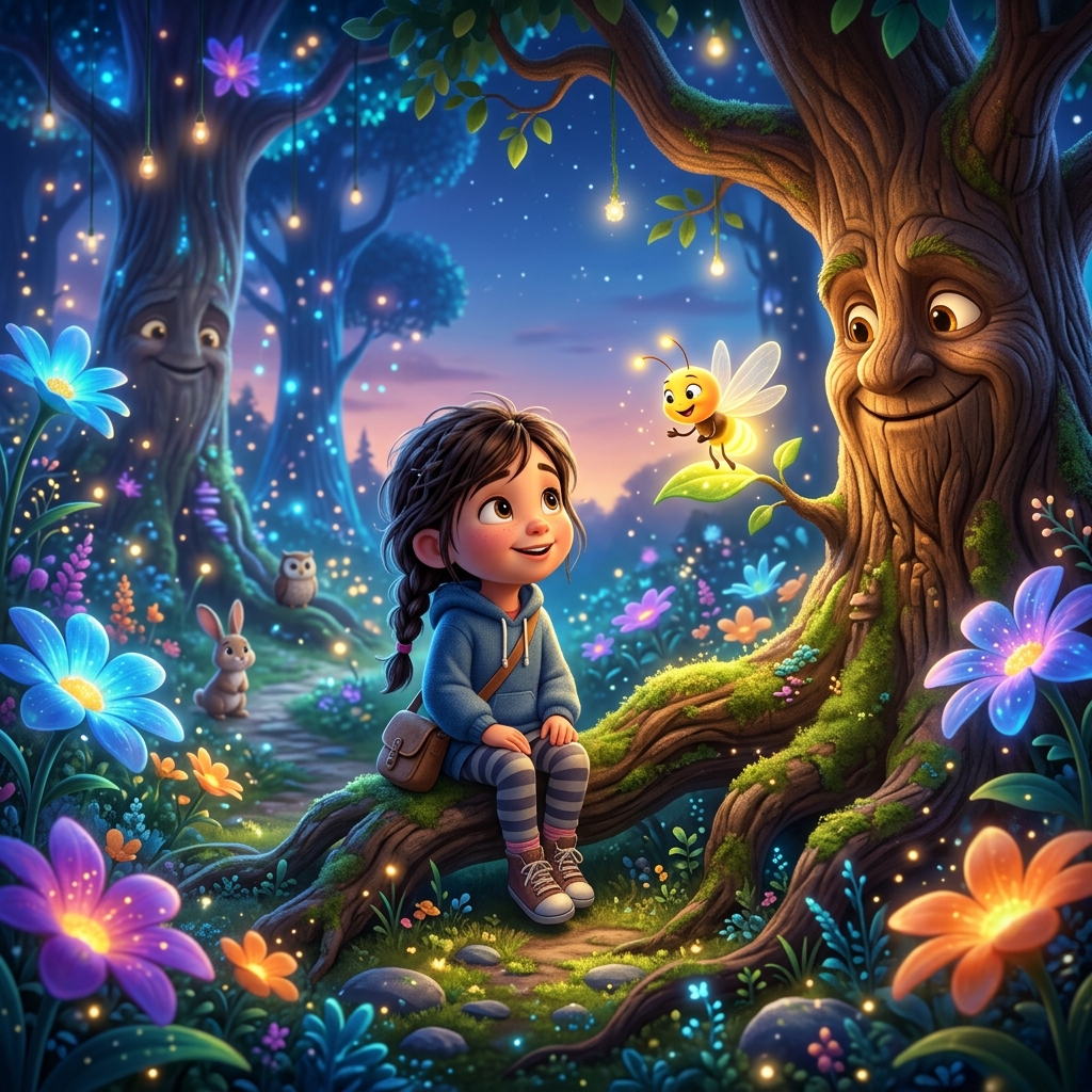 A magical glowing forest at twilight, with giant colorful flowers and friendly talking trees. A tiny, cute glowing firefly named Tiki is talking to a brave little child. Pixar style, warm and whimsical lighting.