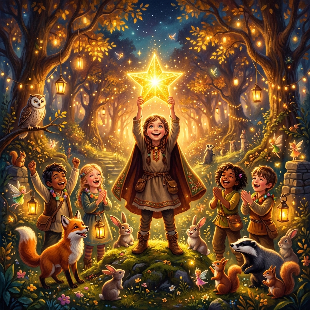 A triumphant scene where a child holds a brilliantly glowing golden star high above. The entire magical forest is illuminated with warm, golden light. Happy animals and friends are celebrating. Joyful, magical, masterpiece.