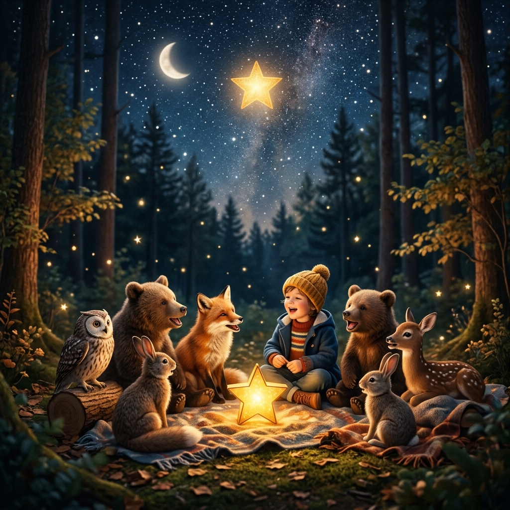A peaceful, cozy scene. A child and their animal friends sit in a circle, singing together. The golden star glows with a soft, warm, comforting light, casting a gentle aura over the sleeping forest. Serene, beautiful, starry night.