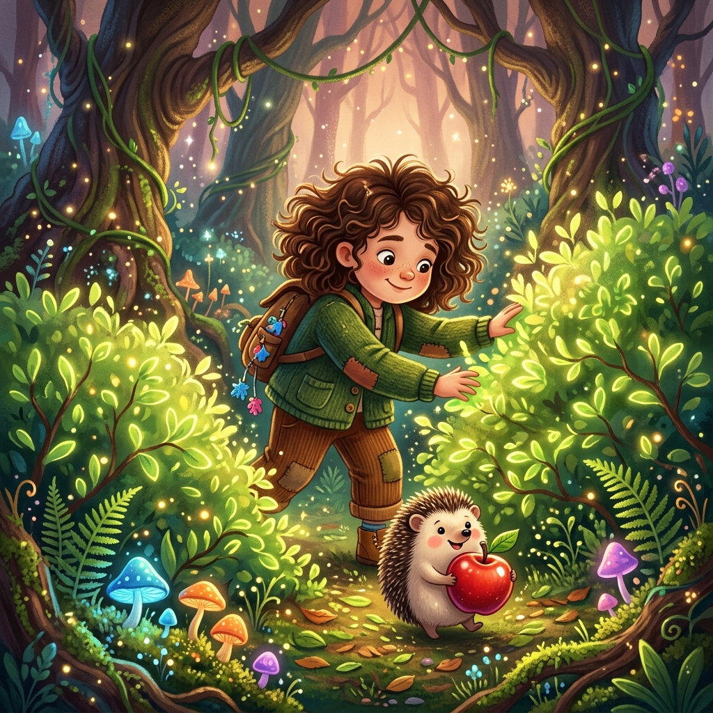 A brave child pushing through thick, glowing green bushes in a magical forest, helping a cute little round hedgehog find a shiny red apple. Whimsical, friendly style.