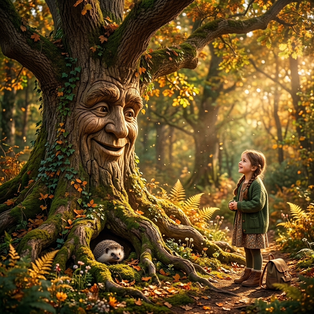 A giant, ancient oak tree with a friendly face carved in its bark, talking to a polite child. A tiny, cute hedgehog peeks out from the roots. Magical, warm atmosphere.