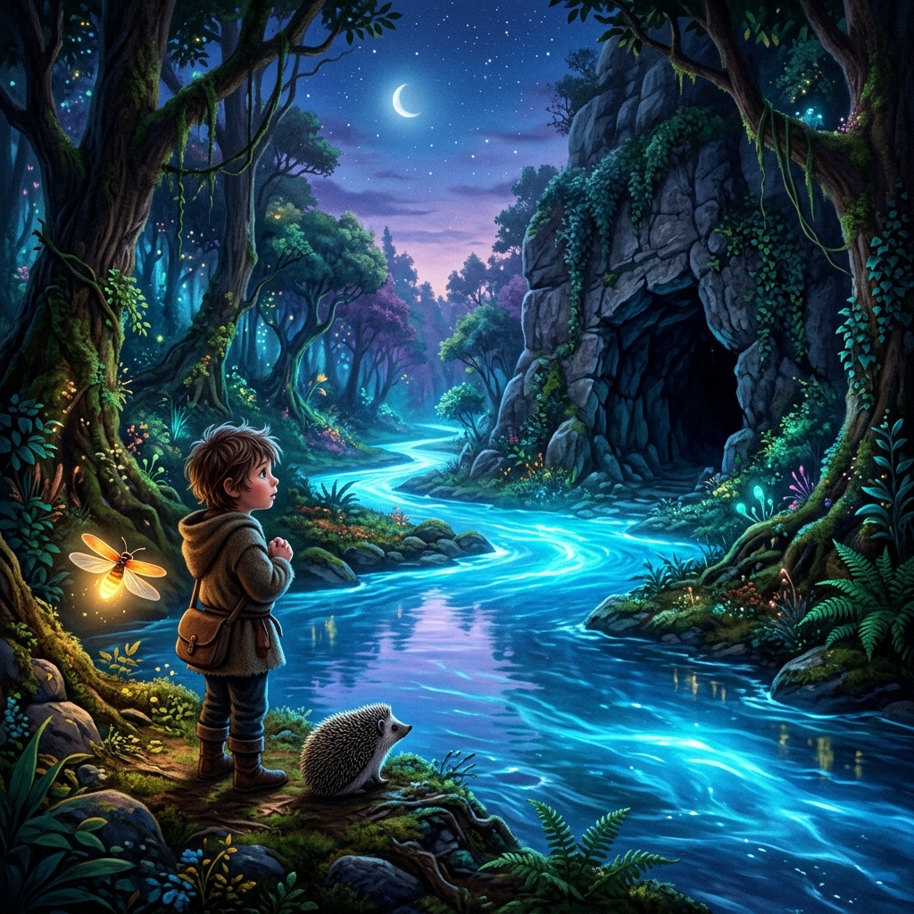 A beautiful, glowing blue river flowing through a magical forest. A child, a firefly, and a small hedgehog stand on the bank, looking at a dark cave on the other side. Fantasy, magical realism.