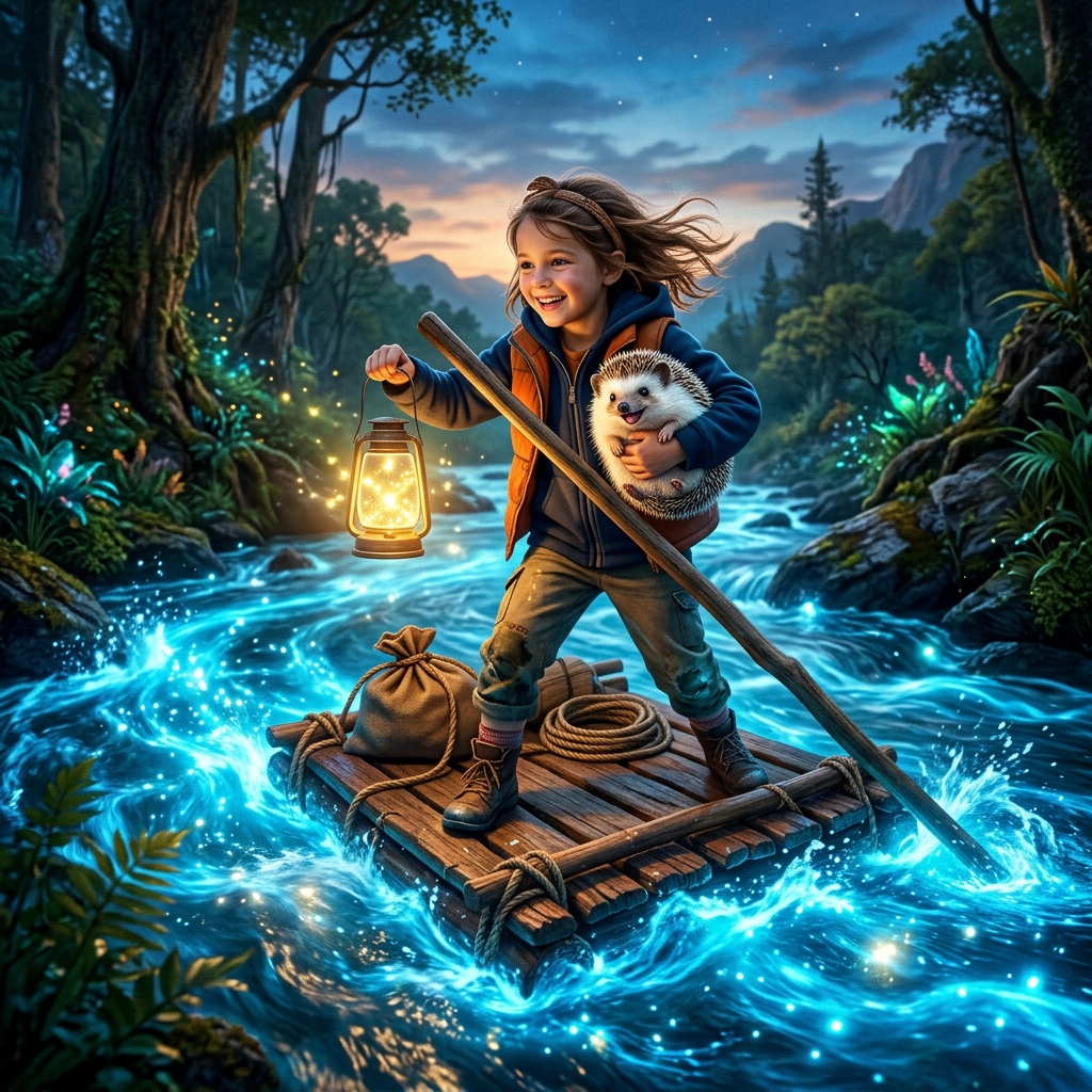 A brave child steering a small wooden raft across a glowing blue river, holding a glowing firefly and a happy hedgehog. Dynamic, adventurous, colorful.