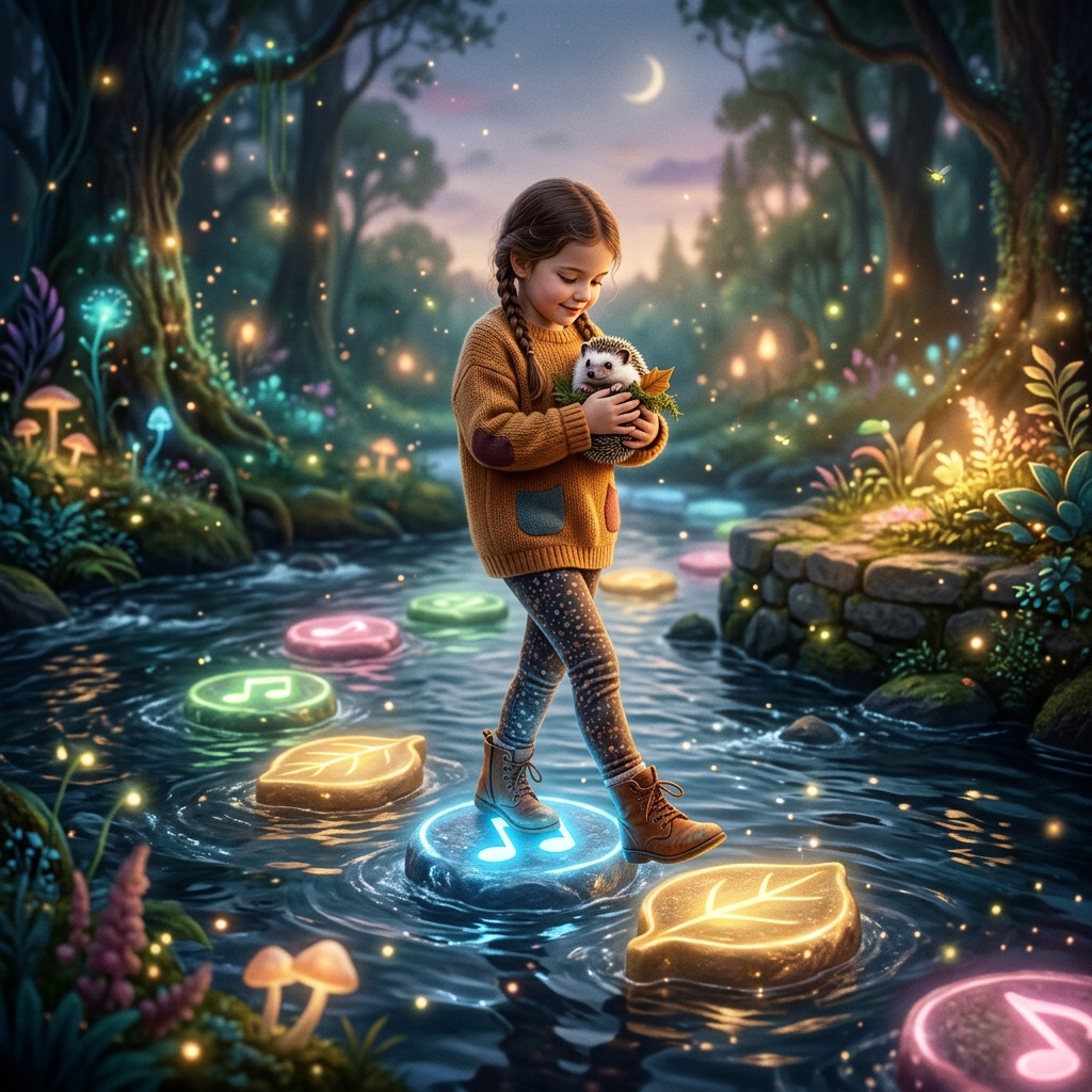 A child carefully stepping on glowing, musical stepping stones across a magical river, carrying a cute hedgehog. Soft, magical glow, peaceful and focused atmosphere.