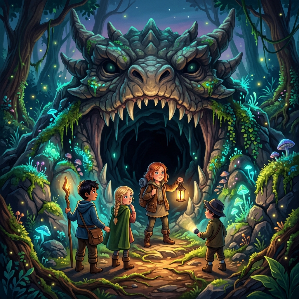 The entrance to a dark, mysterious cave shaped like a sleeping dragon’s mouth. Glowing moss grows around it. A child stands bravely in front of it with friends. Whimsical fantasy style.