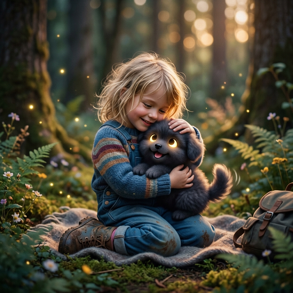 A brave child comforting a cute, fluffy little shadow puppy that looks like a dark cloud with big glowing eyes. The puppy is happy and wagging its tail. Cute, heartwarming.