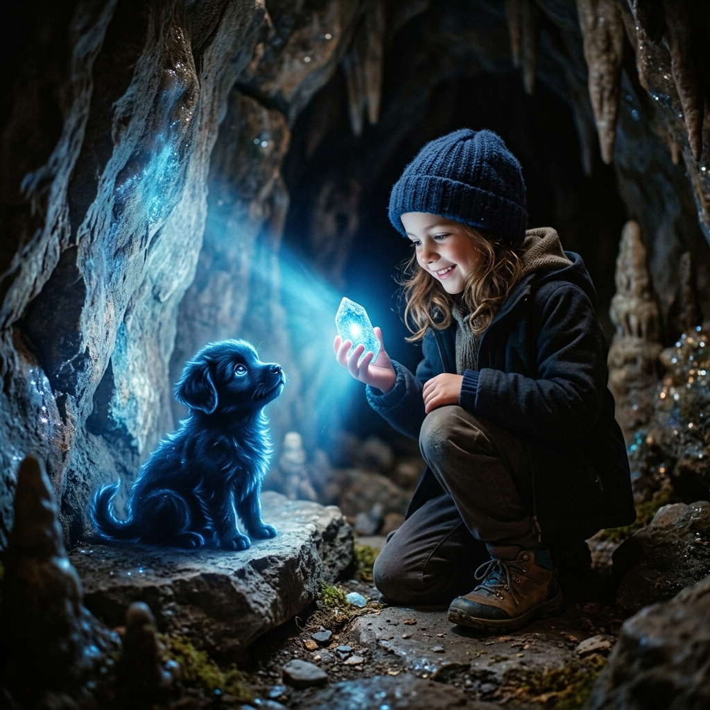 A child shining a soft blue light from a magical stone inside a cave, revealing a cute, lonely shadow puppy. The puppy is looking up with big, hopeful eyes. Cozy and emotional.