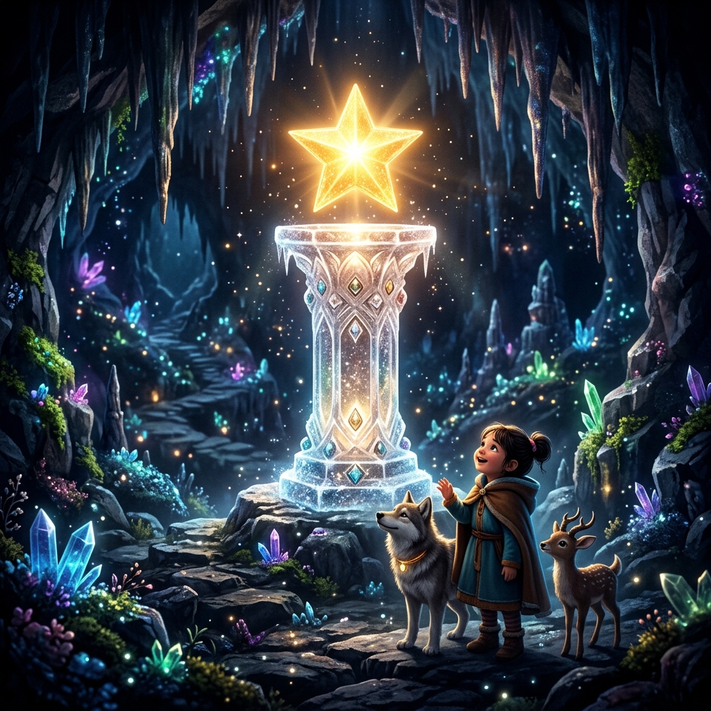 A glowing golden star sitting high on a slippery, sparkling crystal pedestal inside a magical cave. A child and their animal friends look up at it. Magical, sparkling, high contrast.