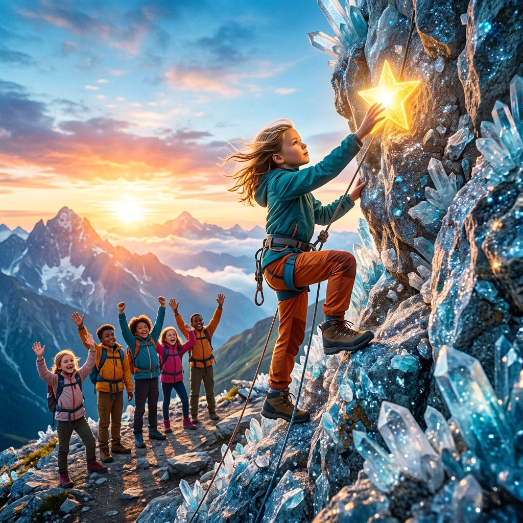 A brave child climbing up a sparkling crystal ledge, reaching out to touch a glowing golden star. Friends below are cheering. Heroic, inspiring, bright lighting.