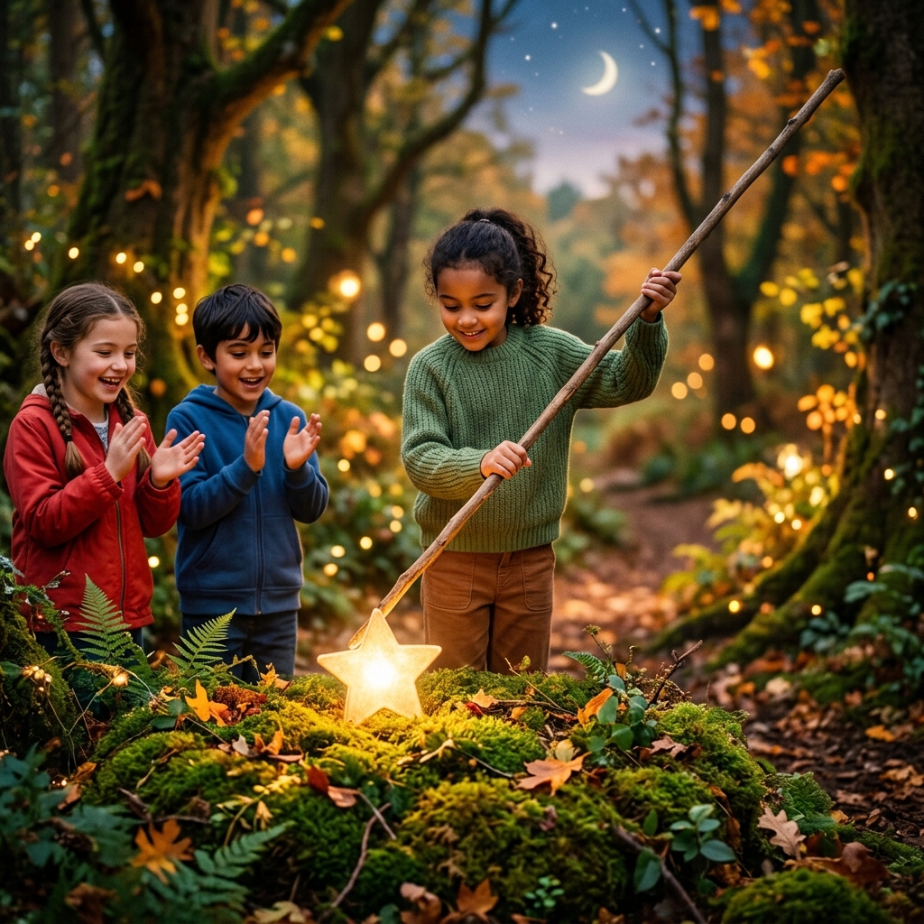 A child using a long wooden branch to gently slide a glowing star down onto a soft pile of green moss and leaves. Friends are clapping happily. Clever, teamwork, warm colors.