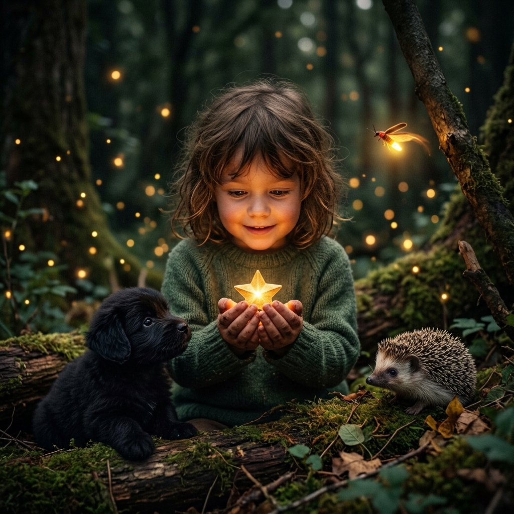 A child holding a dim golden star in their hands, surrounded by a firefly, a hedgehog, and a shadow puppy. The star is starting to pulse with warm light. Emotional, magical close-up.