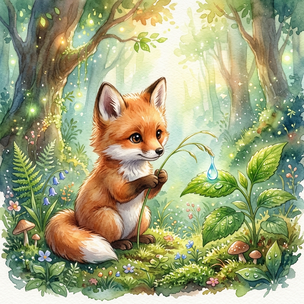 A cute fox and squirrel sitting on the grassy bank of a sparkling blue stream in the forest.