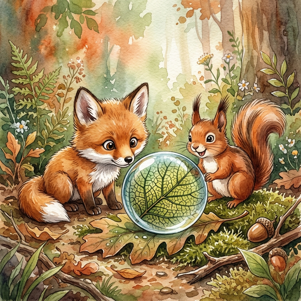 A cute fox and squirrel looking happily at clean empty plastic bottles and an egg carton.