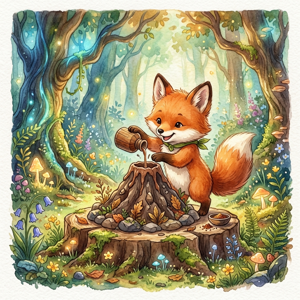 A cute fox and squirrel standing in a windy forest with leaves blowing around them.