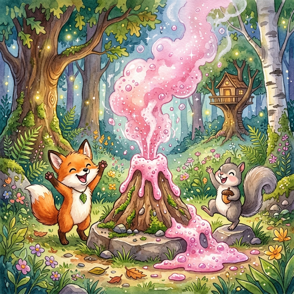 A cute fox cheering as the wind blows its fur, with a squirrel smiling nearby.