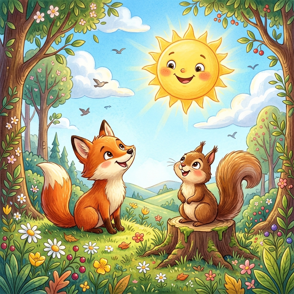 A cute fox and squirrel looking up at a bright, smiling sun in the blue sky.