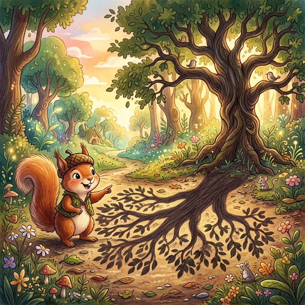 A cute squirrel pointing to a long shadow on the ground made by a tree.