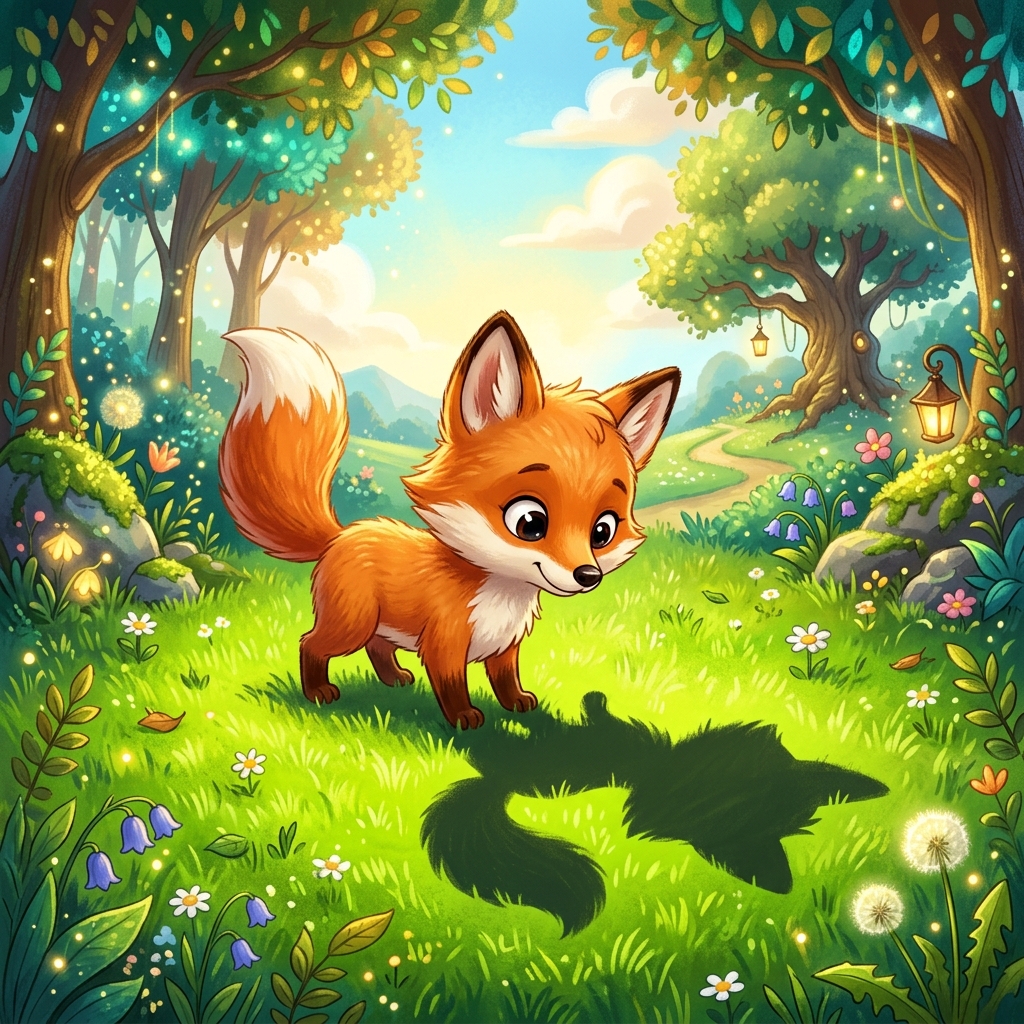 A cute fox looking curiously at its own shadow on the bright green grass.