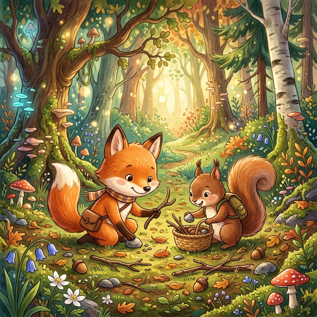A cute fox and squirrel searching the forest floor for sticks and pebbles.
