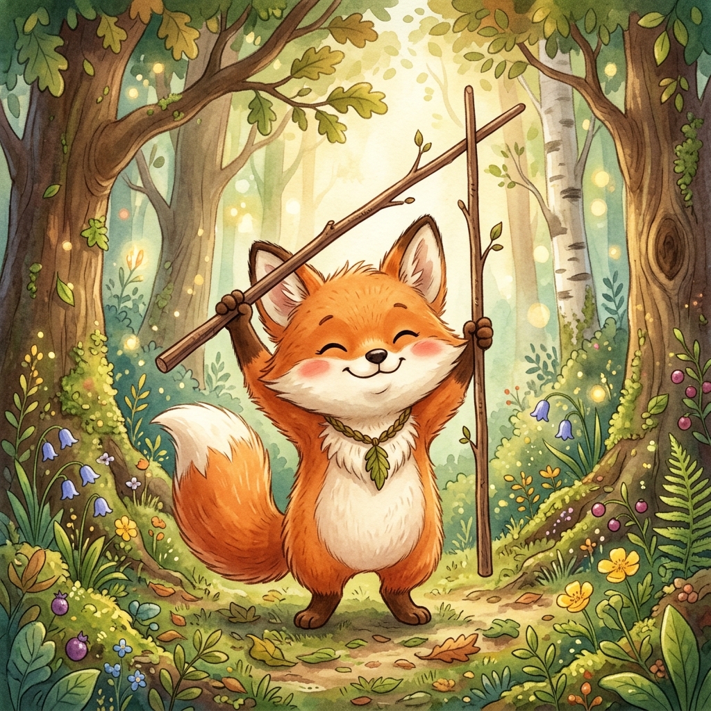 A cute fox proudly holding up a perfectly straight brown twig.