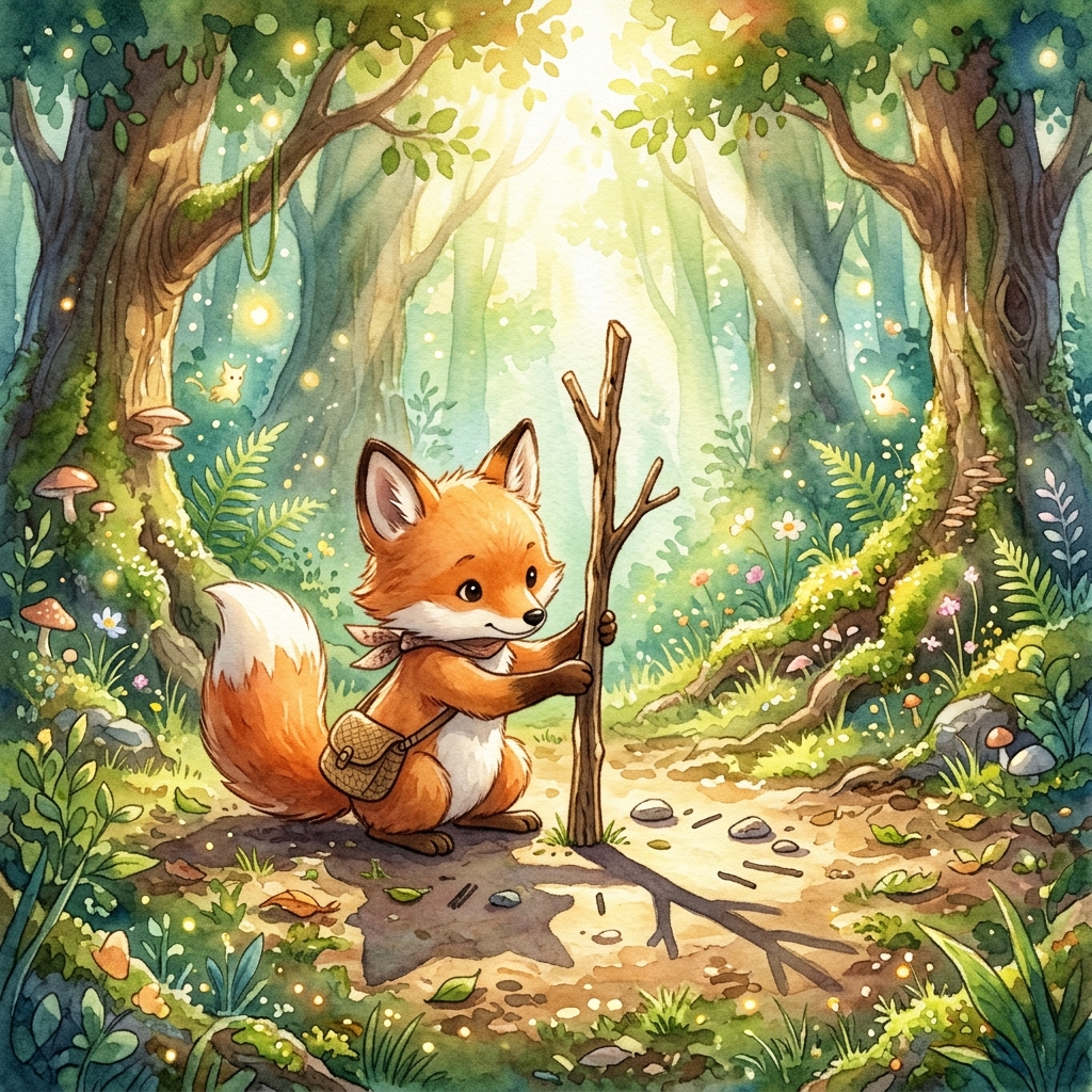 A cute fox pushing a straight stick into soft brown dirt in a sunny spot.