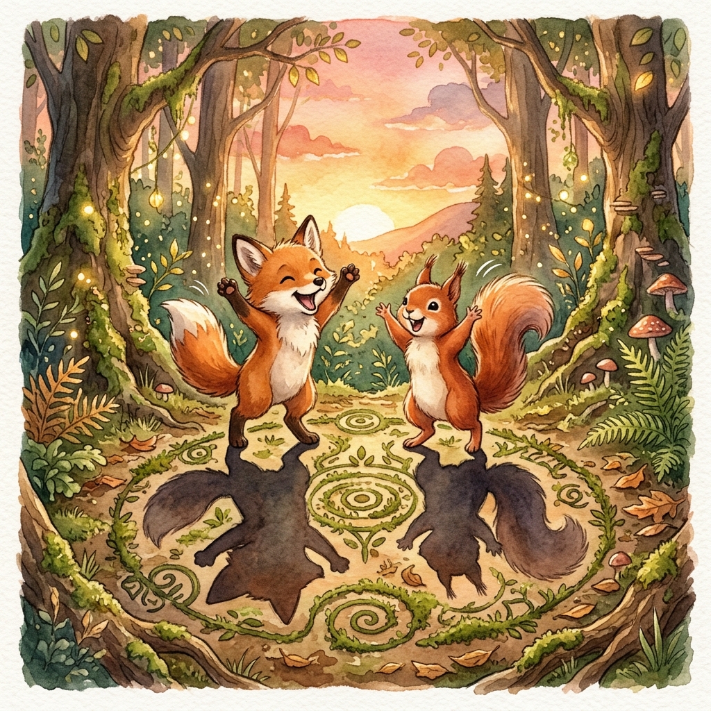 A cute fox carefully collecting smooth grey pebbles near a sparkling blue stream.