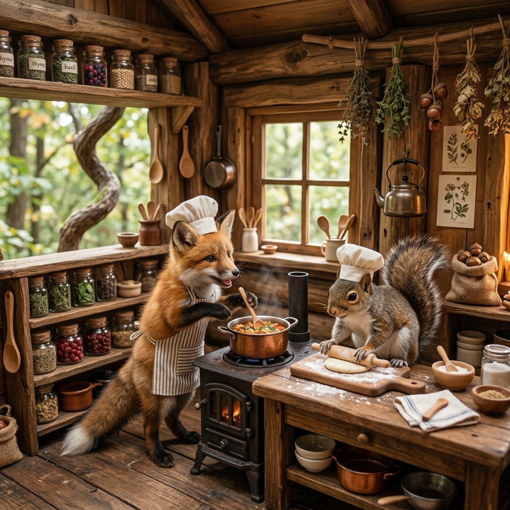 A cute fox and a squirrel looking at a table full of crafting supplies on a rainy afternoon.