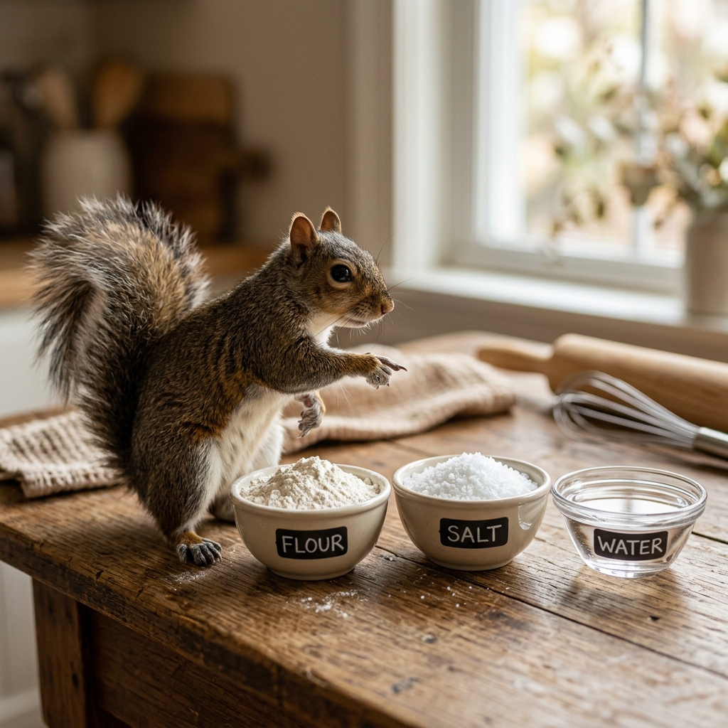 A cute fox neatly organizing tools and materials on a wooden table.
