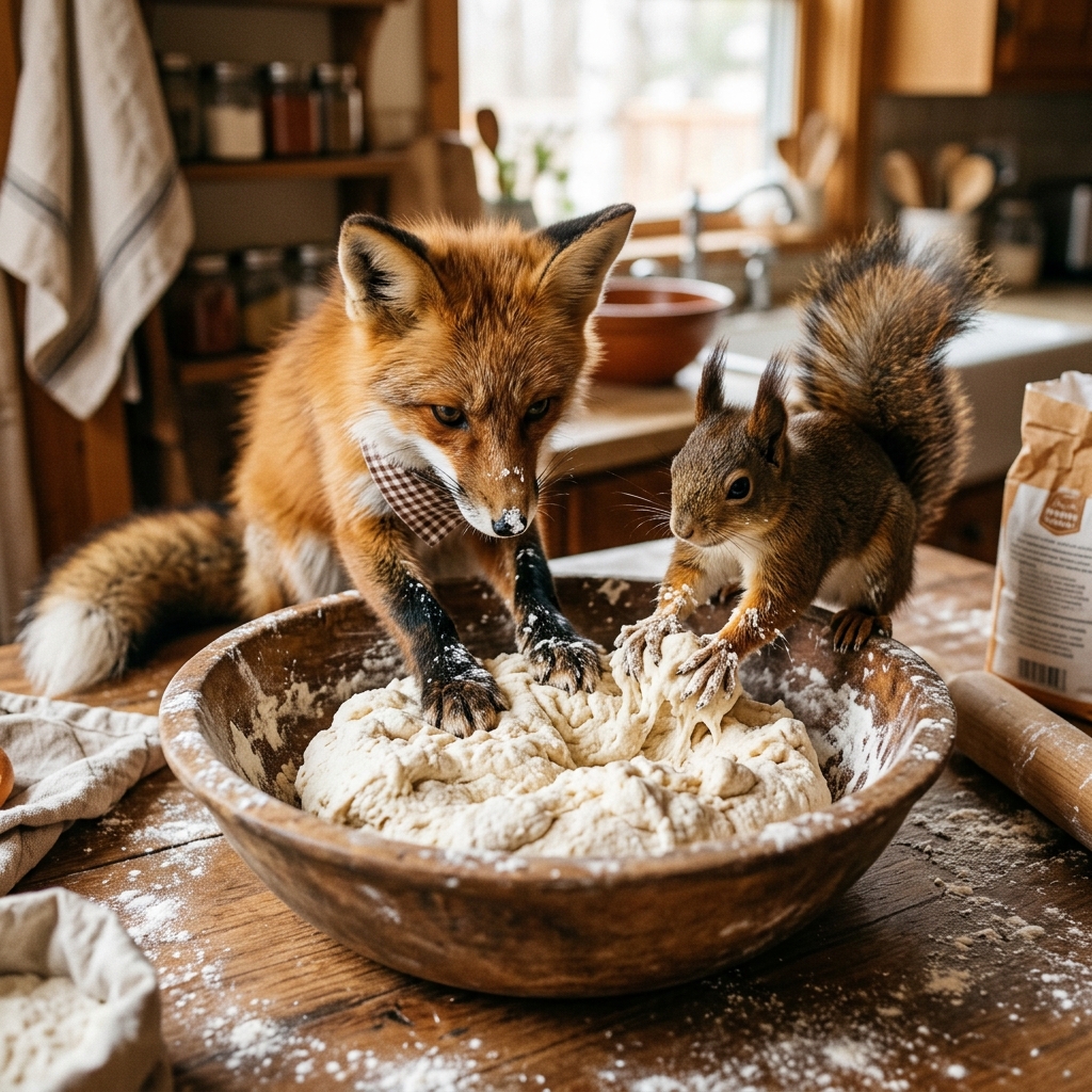 A fox working hard on a craft project, looking focused and proud.