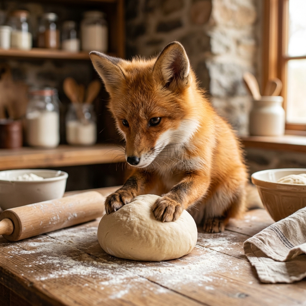 A tall, impressive craft structure on a table, with a fox carefully balancing the top piece.