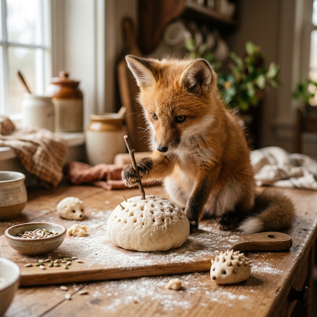 A mother fox looking happily and proudly at a colorful craft project sitting on a high living room shelf.
