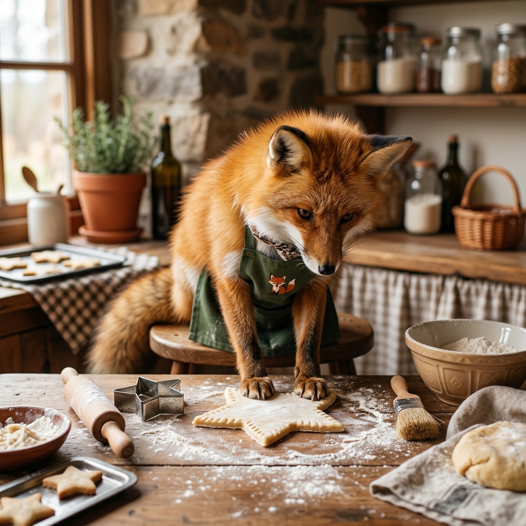 A fox and a squirrel playing happily with their finished colorful craft project in the middle of a room.