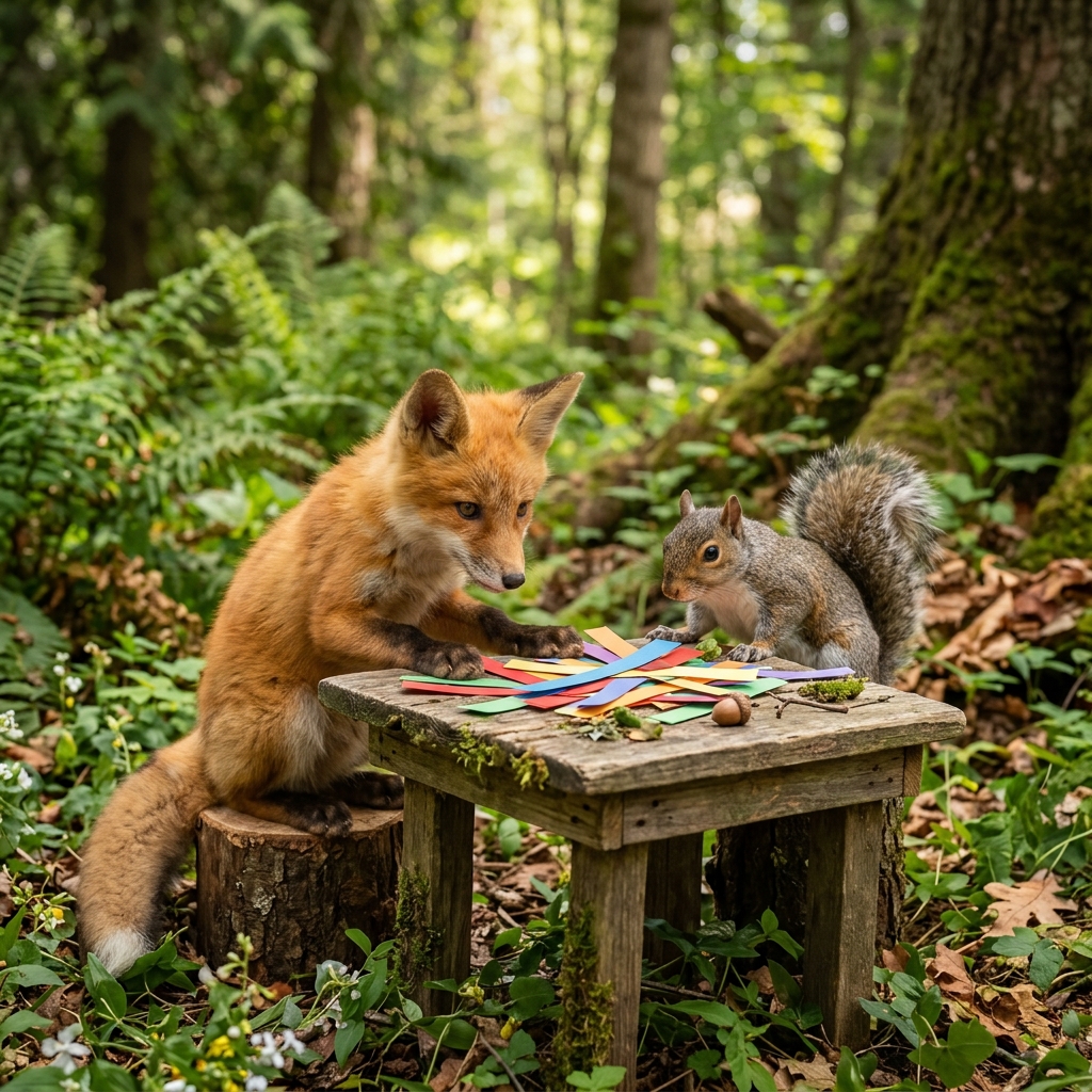 A cute fox and a squirrel looking at a table full of crafting supplies on a rainy afternoon.