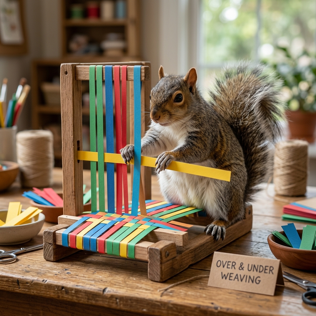 A cute fox neatly organizing tools and materials on a wooden table.
