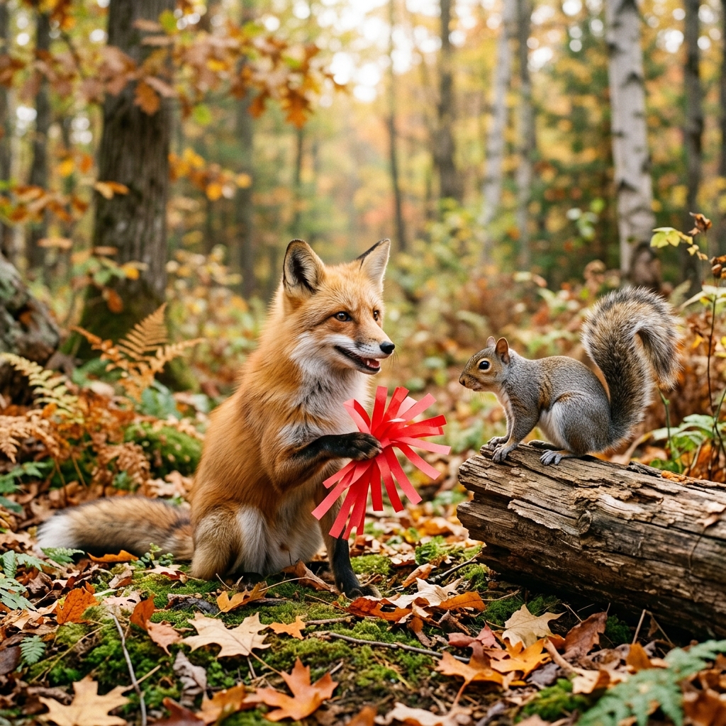 A cute fox and a squirrel laughing in a messy craft room with supplies scattered everywhere.