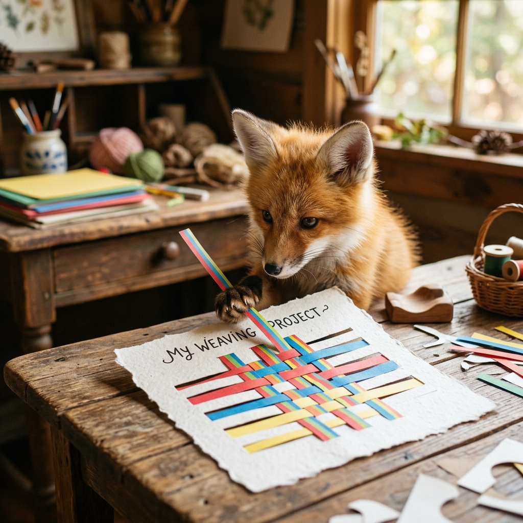 A fox working hard on a craft project, looking focused and proud.